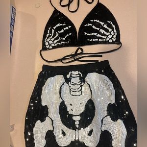 Black sequin sexy Halloween Skeleton bikini top and skirt